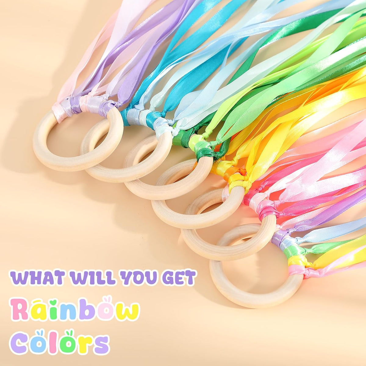 Deekin rainbow ribbon rings, wooden Waldorf hand kites with bright streamers - view 18