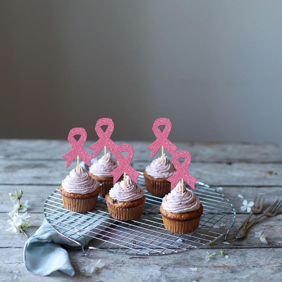 24 PCS Ribbon Breast Cancer Awareness Cupcake Toppers Glitter Pink - Design 5 Pink - image 3