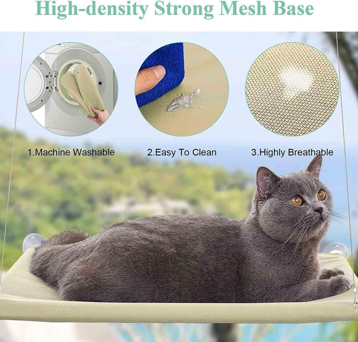 Khaki Cat Window Hammock Perch Cat Safety Sunny Bed with Durable - Blue - image 2