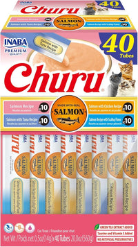 INABA Salmon Churu Cat Treats, Lickable, Squeezable Creamy Purée Cat Treat with Green Tea Extract & Taurine, 0.5 Ounces Each Tube, 40 Tubes, Salmon Variety Box