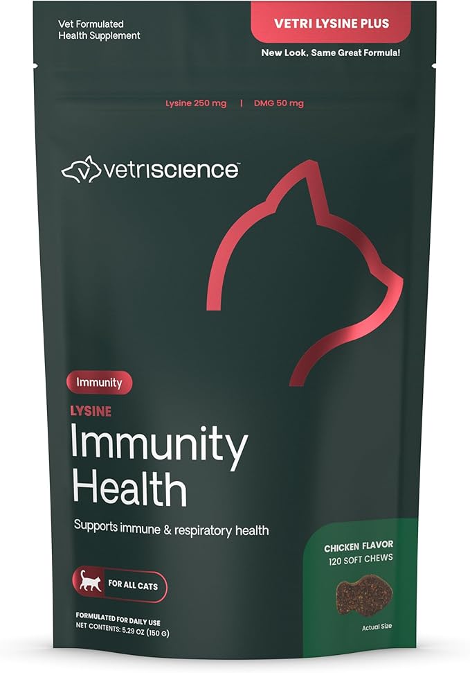 VetriScience Lysine Immunity Health Chews, 250 mg Lysine Plus Immune Supplement for Cats and Kittens with Allergies, Sneezing, Runny Nose and Watery Eyes, Chicken, 120 Count