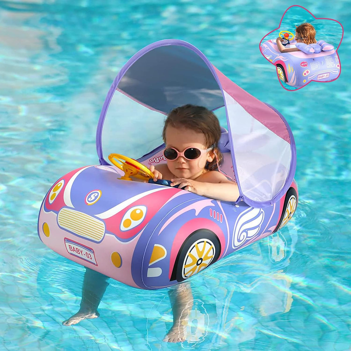 BOffer inflatable baby pool float shaped like a car with steering wheel and horn - view 3