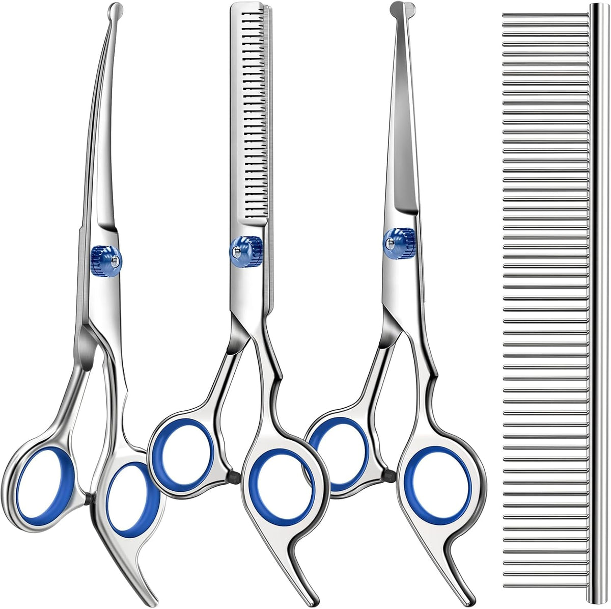 Professional 4 in 1 Dog & Cat Grooming Scissors Kit with Safety Round