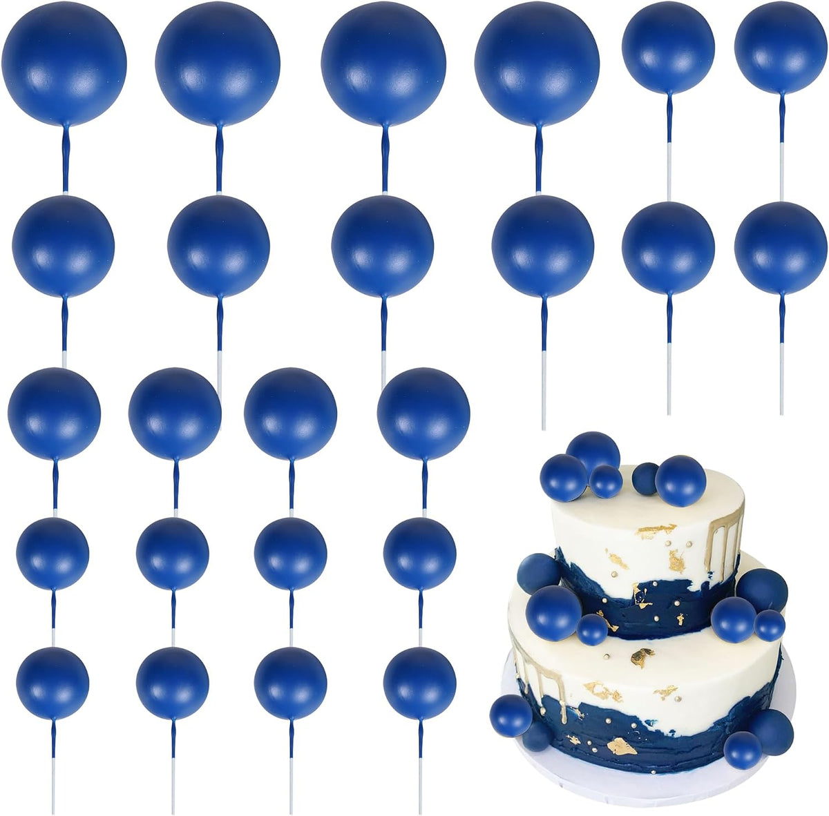 ZHUOWEISM ball cake toppers, 24 mini balloon picks in blue, gold and white - view 2