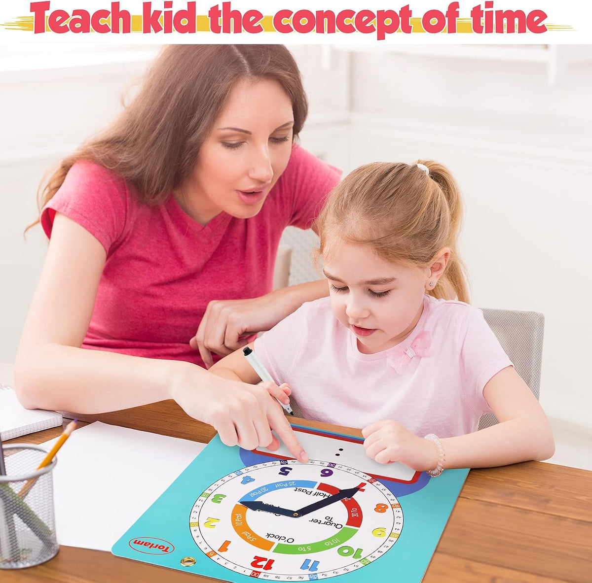 Large Magnetic Dry Erase Learning Clock for Kids Learn to Tell Time - Light Blue - image 3