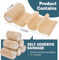 AZEN 9 Pack Self Adhesive Bandage Wrap, 4" X 5 Yards Elastic Cohesive Bandage Wrap, Skin Color Athletic Tape, Ankle Tape, Tattoo Grip Tape Wrap, Vet Wrap