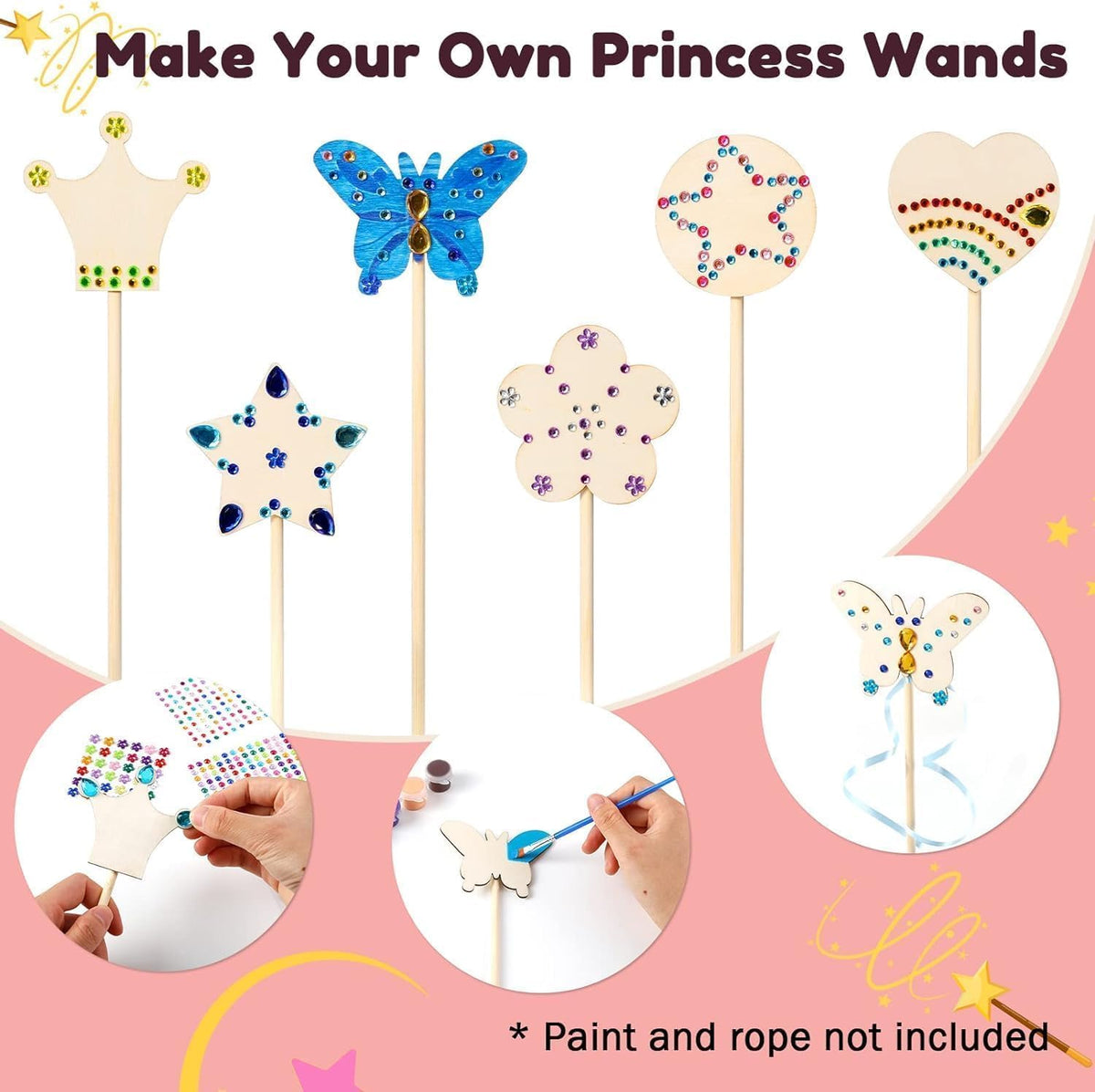 Pllieay princess fairy wands craft kit with 18 unfinished wooden wands and diamond stickers - view 6