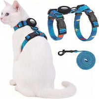 Cat Harness and Leash Set with Airtag Holder for Walking & Travelling - Green Print