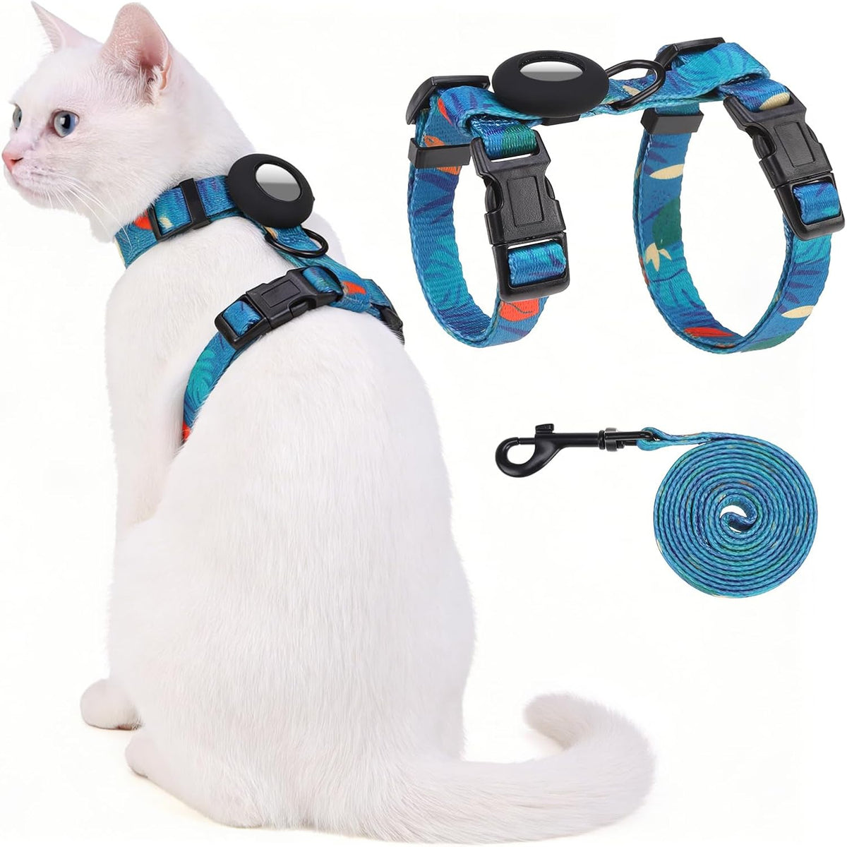 Cat Harness and Leash Set with Airtag Holder for Walking & Travelling - Green Print