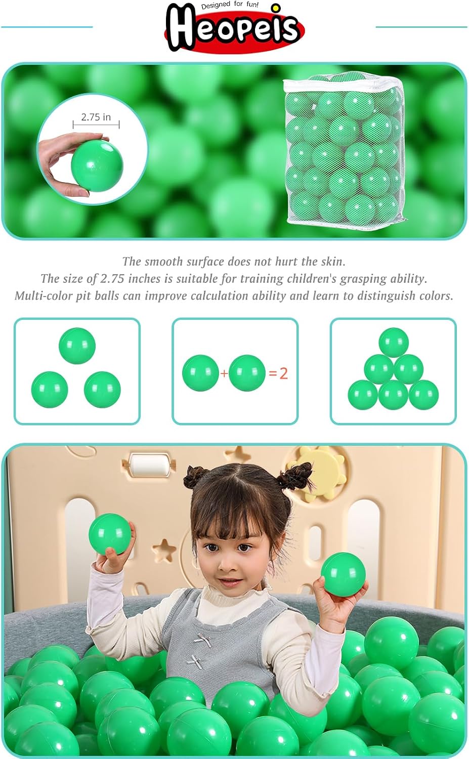 Heopeis green ball pit balls, 2.75 inches, crush proof plastic for kids - view 33