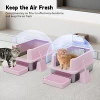 RIZZARI Stainless Steel Cat Litter Box, Semi-Closed Litter Box with High Edges, Large Odorless Litter Pan with for Small to Large Cats (Pink with Deodorizer, 2 Pack)