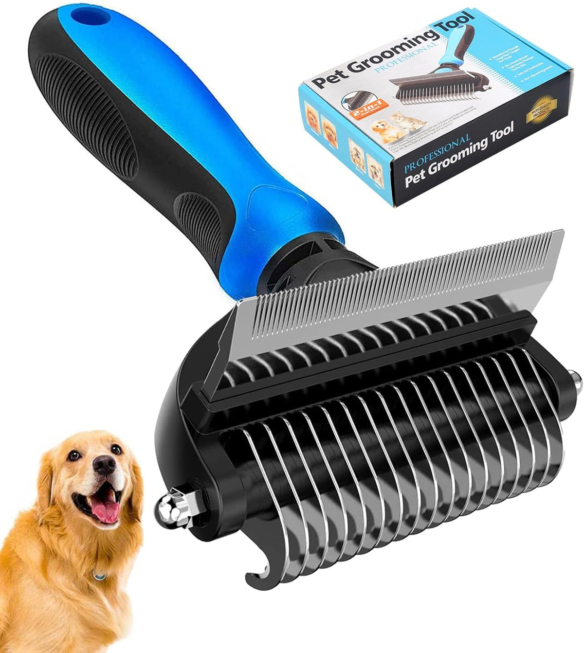 Undercoat Rake for Dogs, Pet Hair Grooming Brush - Blue