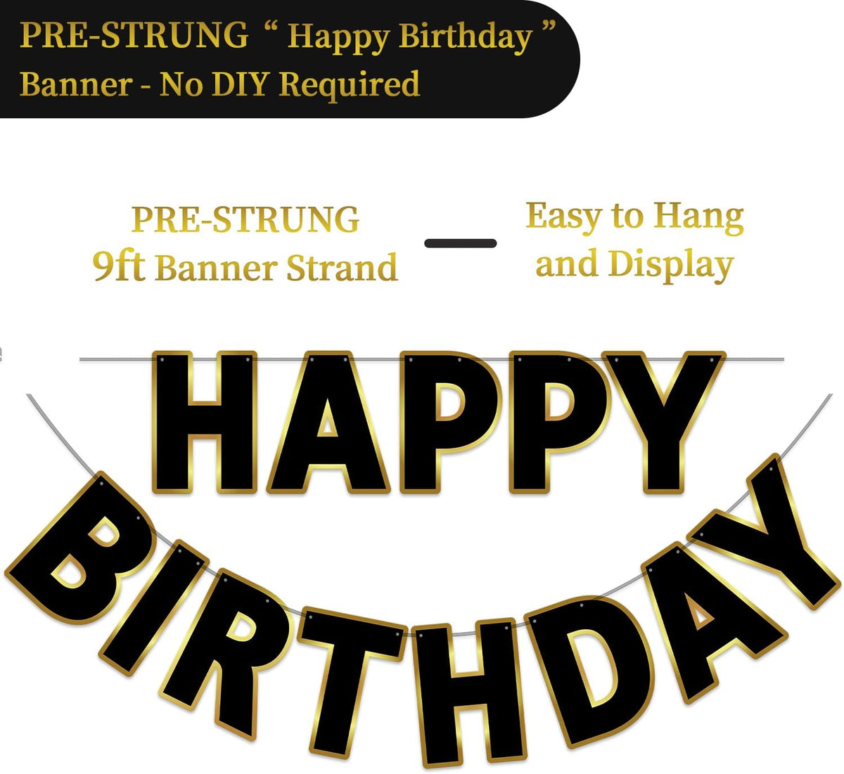 Pre-Strung Happy Birthday Banner - Black Gold - image 2
