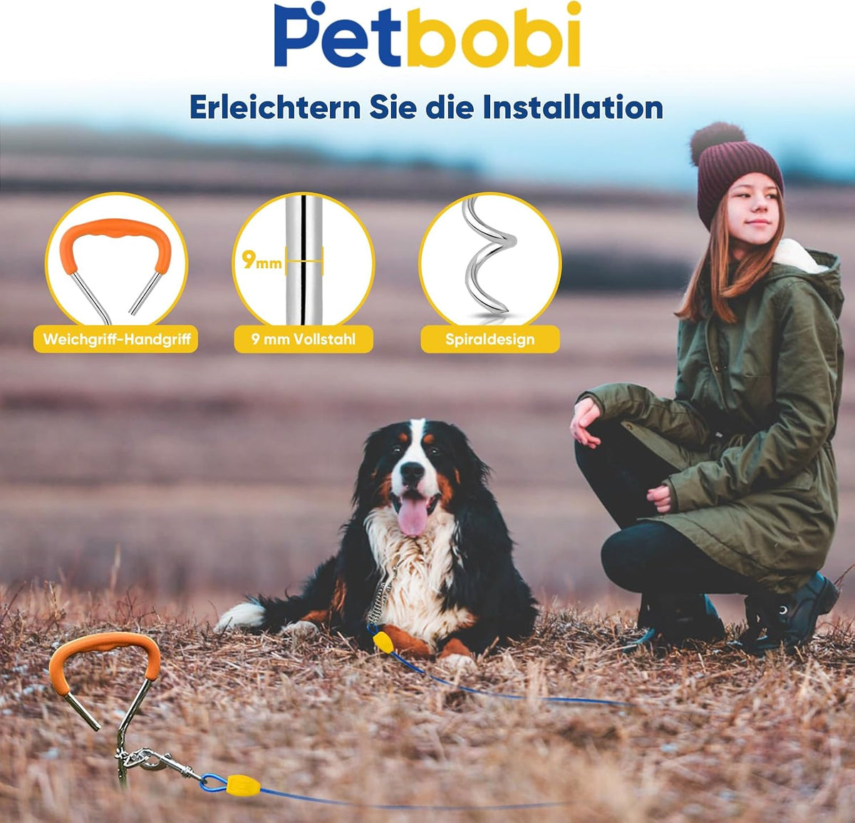 Petbobi Dog Tie Out Cable and Stake - 40 ft (120 lbs) / Blue - image 3