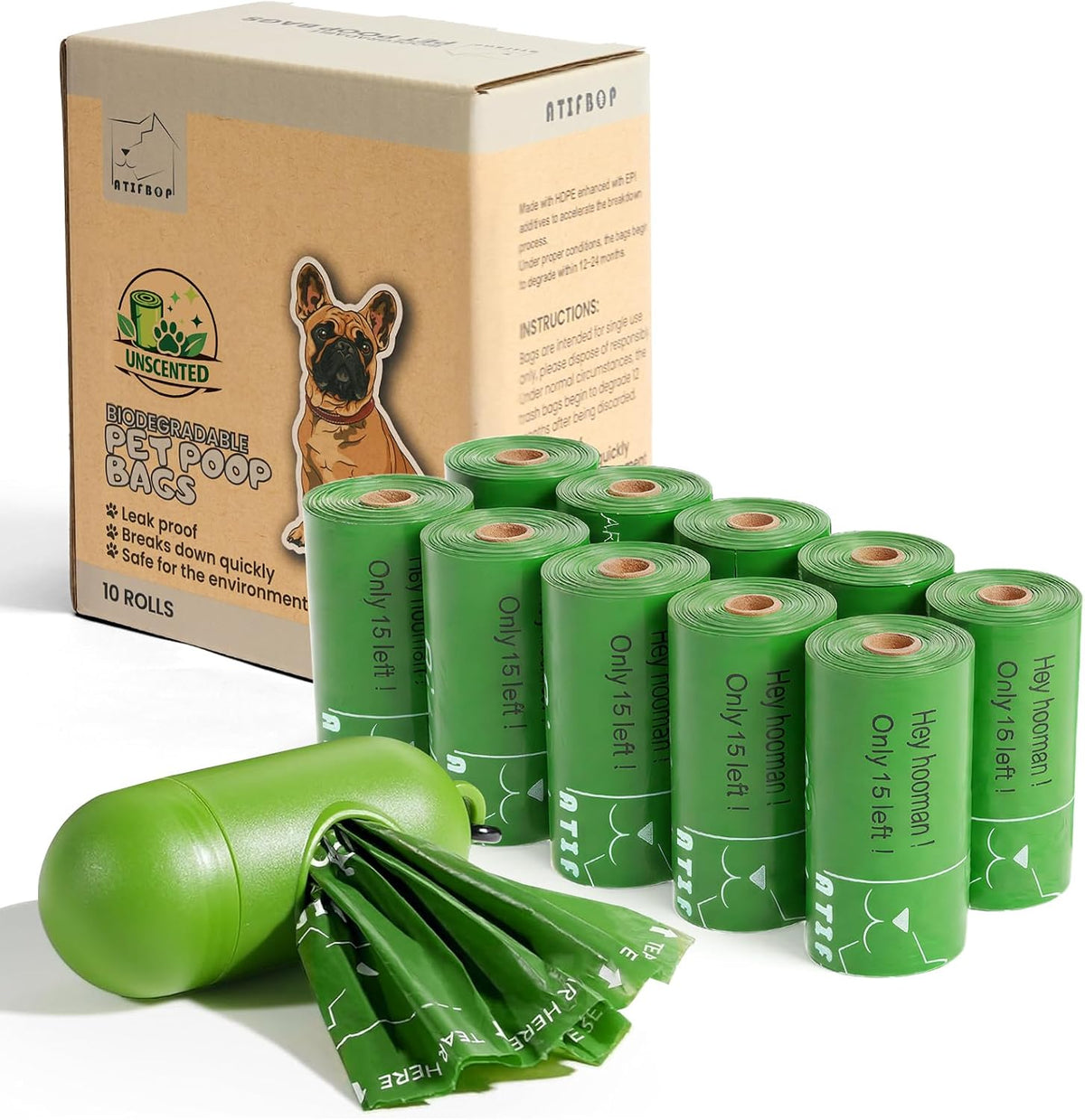 ATIFBOP Biodegradable Dog Poop Bags Rolls 360 Count Scented - 150 Count (Pack of 1) / Natural Unscented