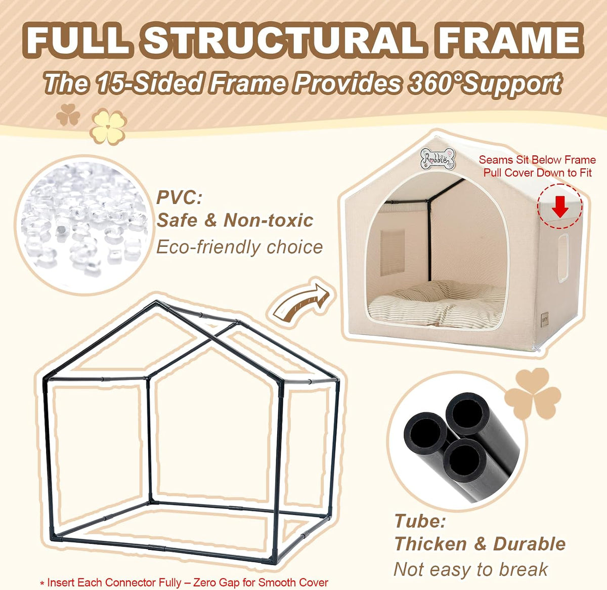 Indoor Dog House with Frame, Cute Dog Tent Bed with Cover Cave - Large ( 25" × 25" × 25" ) / Beige - image 3