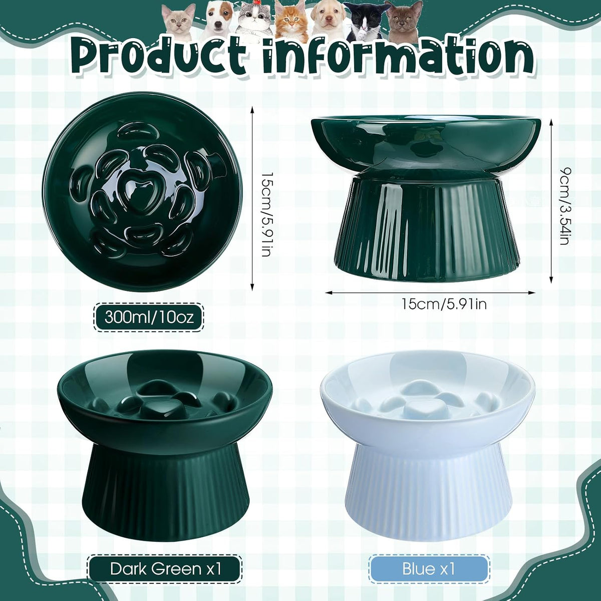 Tioncy 2 Pcs Ceramic Elevated Slow Feeder Cat Bowl - Dark Green, Blue / 2 - image 2