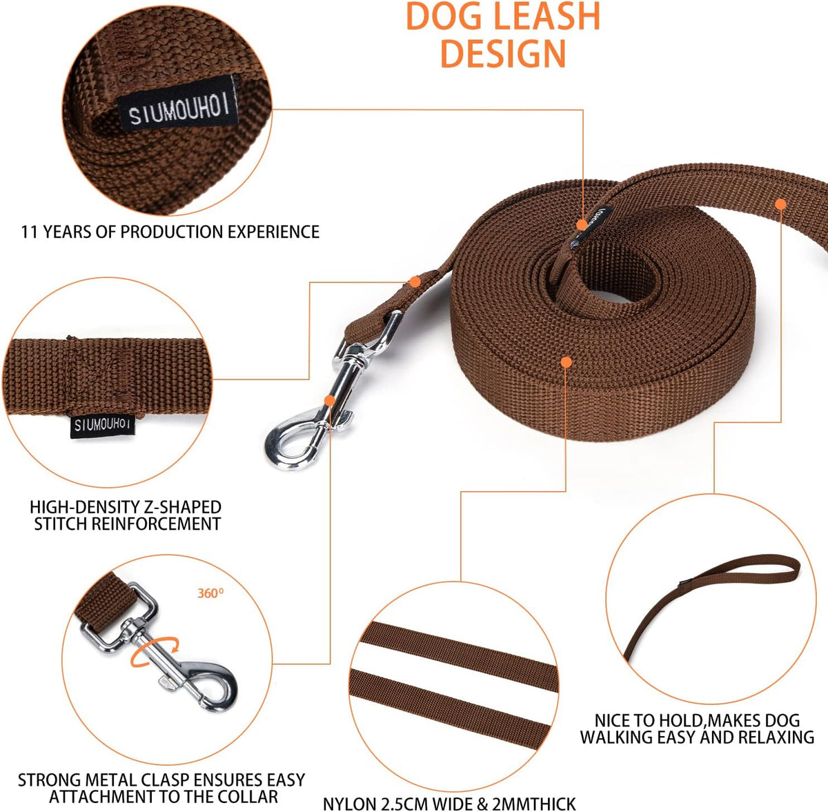 Strong Durable Nylon 10ft Long Dog Training Leash, Traction Rope - Brown / 15 Feet - image 4
