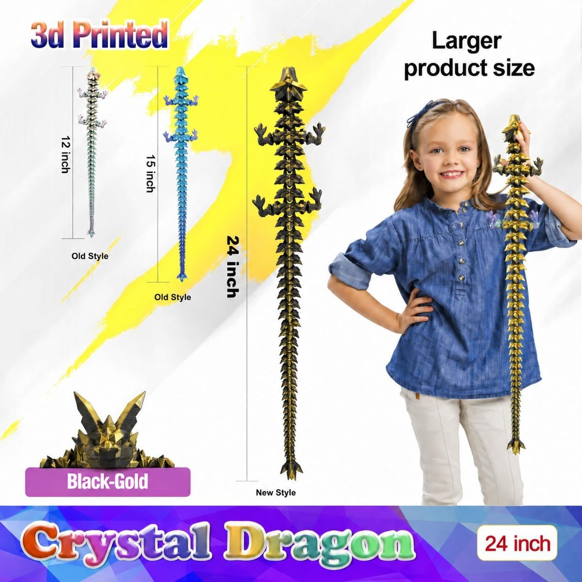 24 inch Large 3D Printed Dragon Glow in the Dark in Halloween – Fun for Kids & Family - Black Gold / 24 inch - image 3
