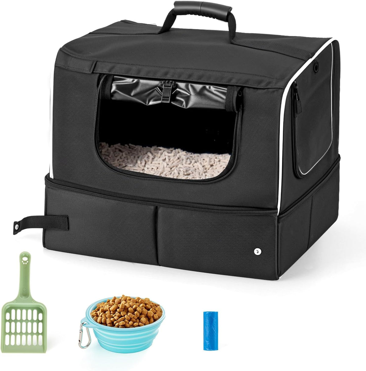 Cat Enclosed Travel Litter Box Kit with Lid Odorless Dustless - Large / L-Black