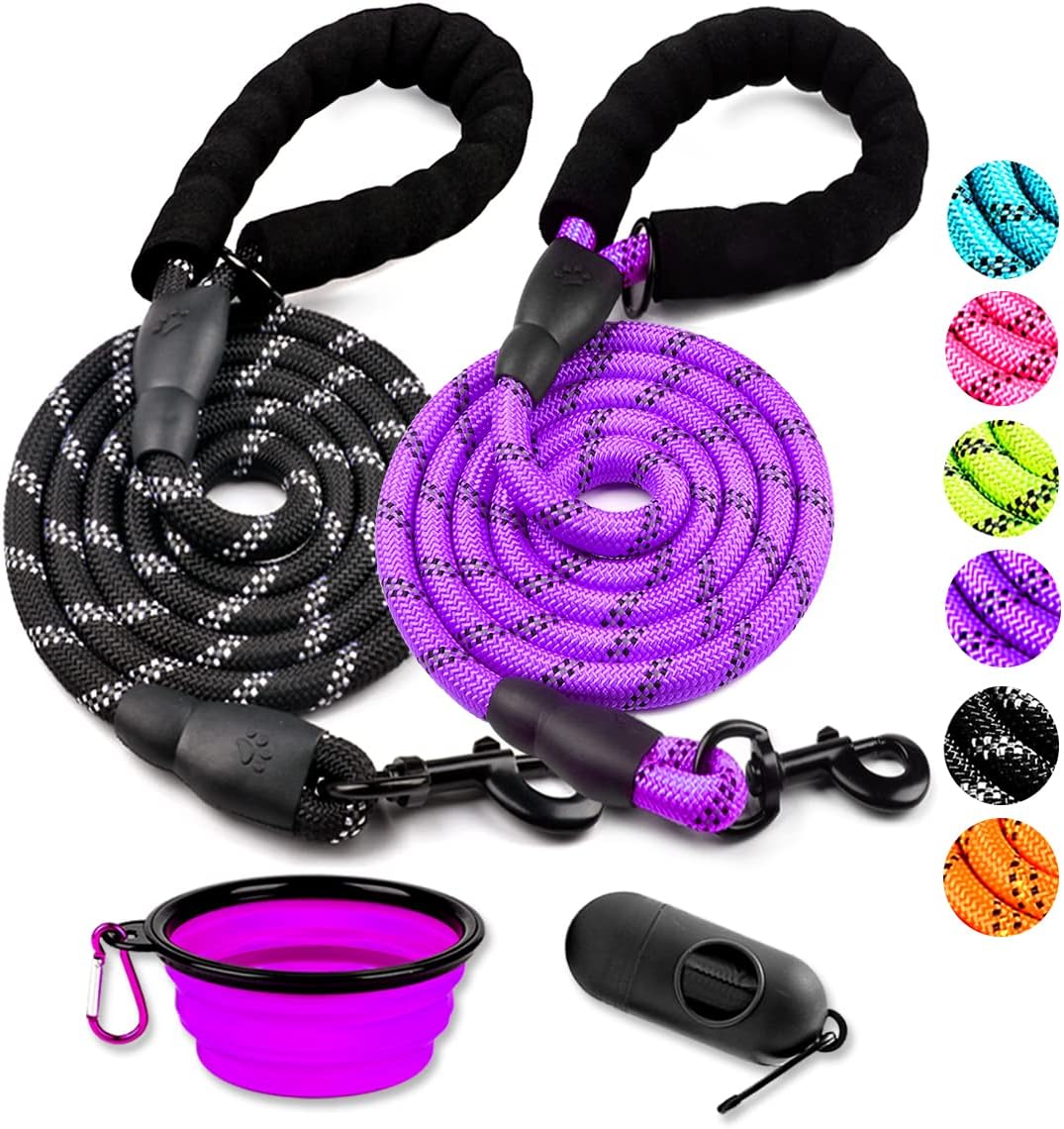 COOYOO 2 Pack Dog Leash 5 FT Heavy Duty - 1/2"x 5 FT (18~120 lbs.) / Set 3-Black+Purple