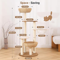 Rattan Cat Climbing Tower Condo with Scratching Post,Capsule,Basket,and Bed Modern Heavy Duty Cat Tree for Indoor Cat Large Adult