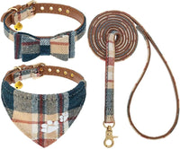 Dog Collar and Leash Set - Embroidery Floral Dog Bow Tie and Bandana Collar with Bell, Cute Flower - Khaki / X-Small