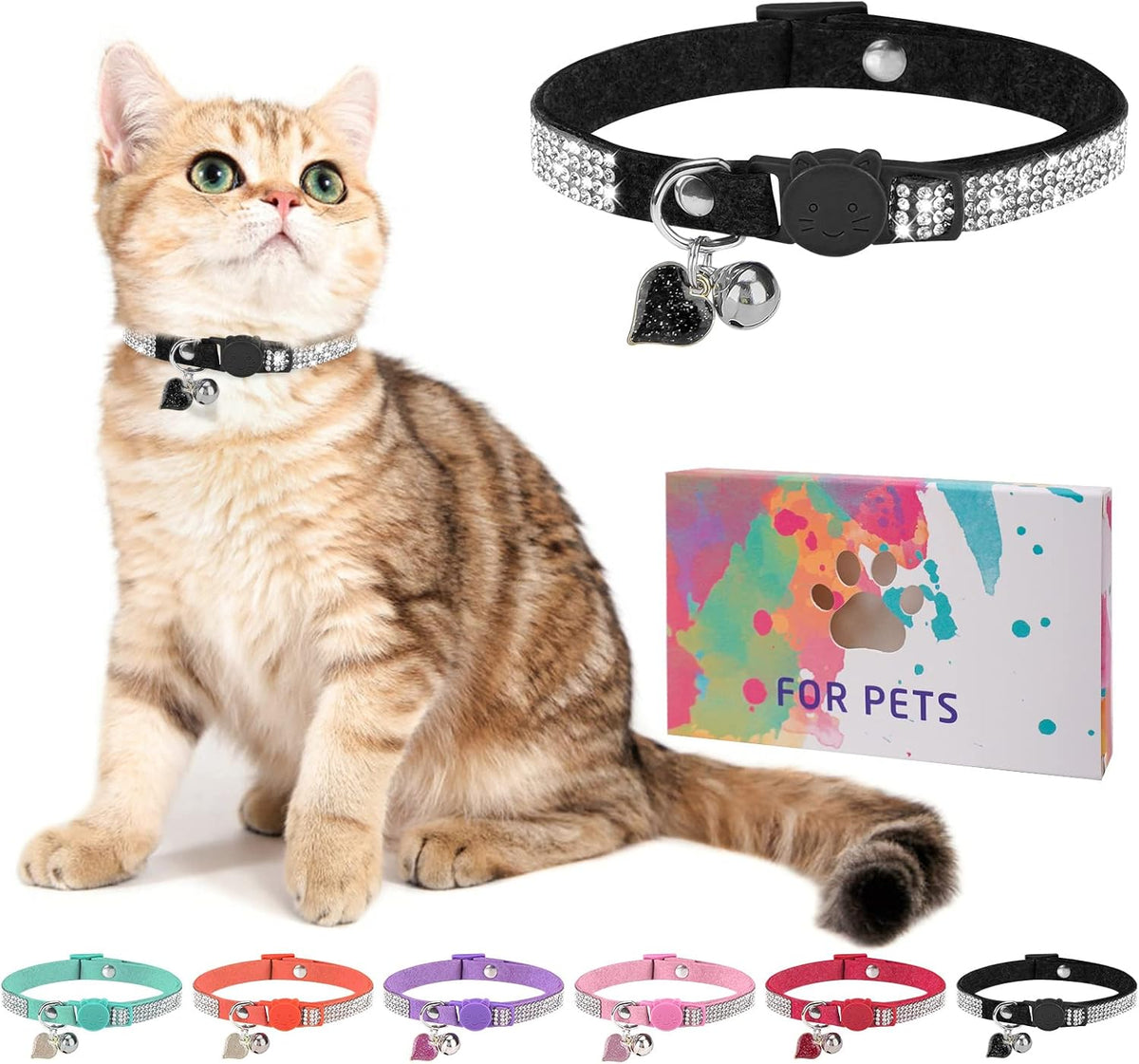 Rhinestone Cat Collar Breakaway, Bling Sparkly Diamond - Black / 8"-12" Cats / Mini Dogs
