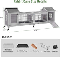 Wooden Rabbit Hutch with Wheels, Indoor Outdoor Bunny Cage with Removable Netting, Guinea Pig House with Leak-Proof Trays