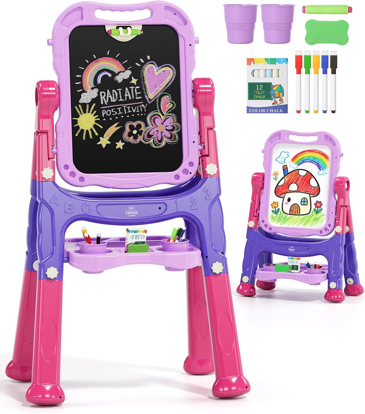 Lehoo Castle Easel for Kids 3-5, Magnetic Chalkboard Whiteboard – Fun for Kids & Family - Purple, Pink