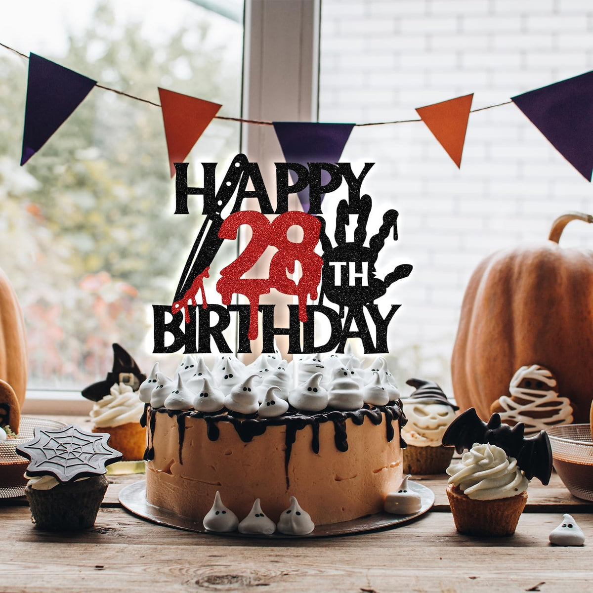 Black glitter Killer Happy 13th Birthday cake topper for a horror Halloween party - view 28