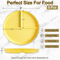 Divided Plates for Adults (8 Packs), Unbreakable Portion Control Plate Sectioned with Dividers, 9 Inch Plastic Food Separator Dinner Plates Lightweight Compartment BPA Free Reusable Microwave Safe