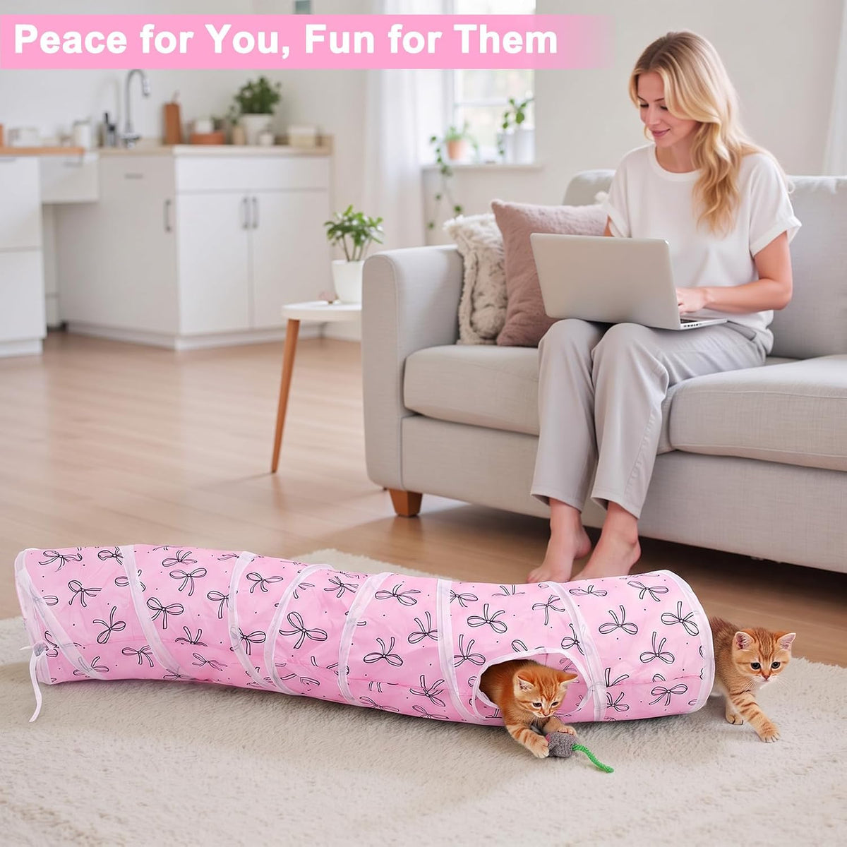 Glittme Cat Tunnel, Cat Tunnels for Indoor Cats - Simple Pink Bows - image 2