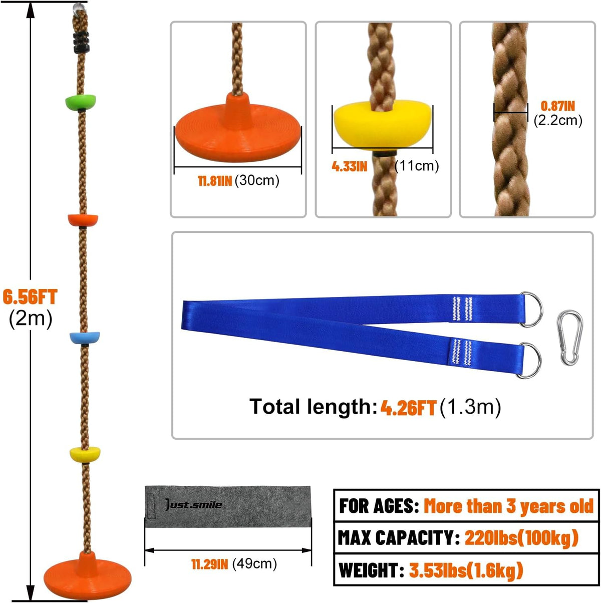 Just.smile tree swing climbing rope with platforms, disc seat and tree strap - view 5