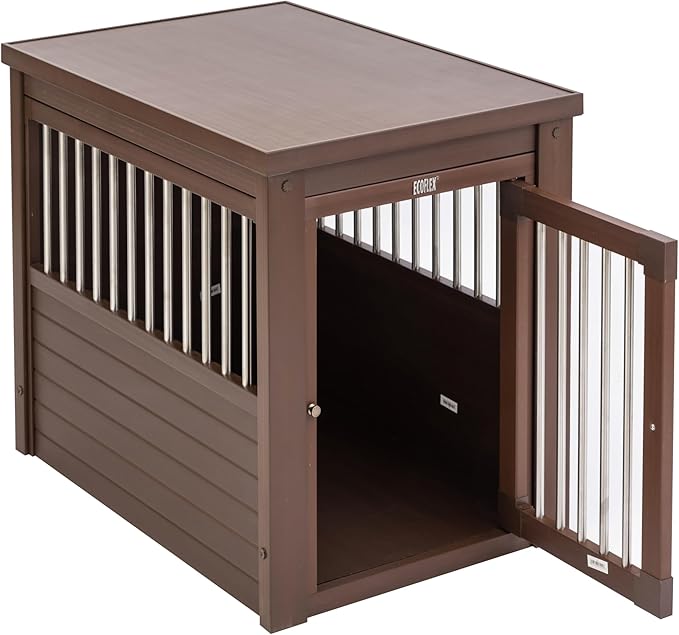 New Age Pet ECOFLEX Dog Crate End Table - Furniture-Style Pet Crate for Crate Trained Dogs - Stainless Steel Tubing & a Latched Closure - 10 Year Manufacturer's Warranty, Medium, Brown