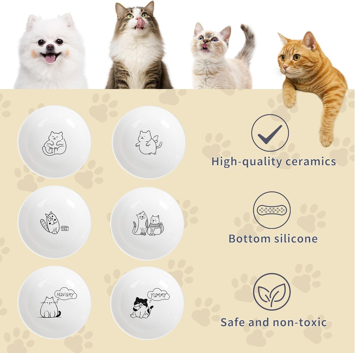 Non-Slip Cat Food Bowls, 6 Pack Whisker-Friendly Ceramic Bowls – Essentials for Cats - cute drawing cat - image 3