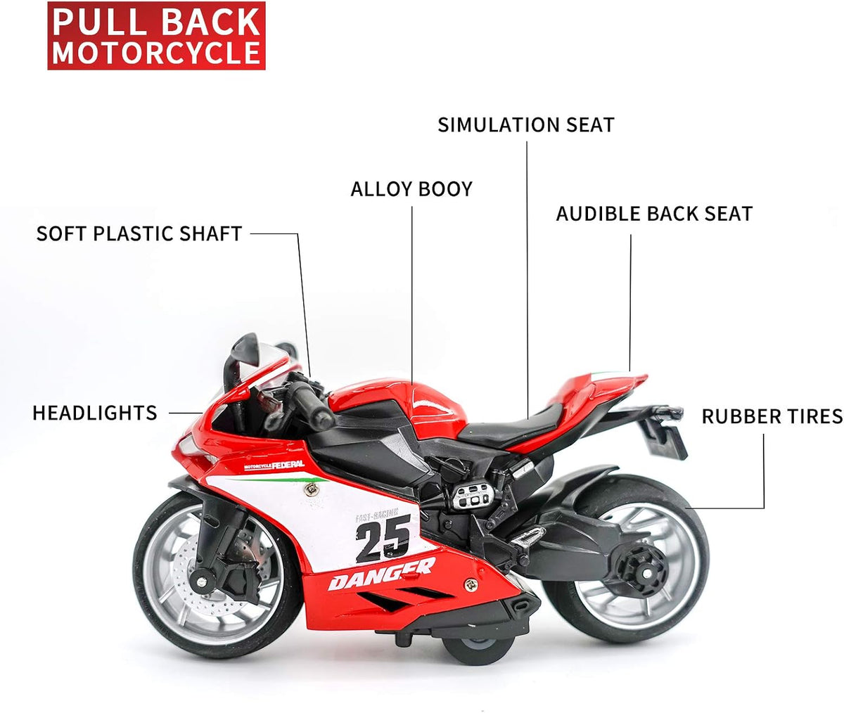 CYYSFIVQZ red 1:12 die cast motorcycle toy with lights, sounds and pull back motor - view 5