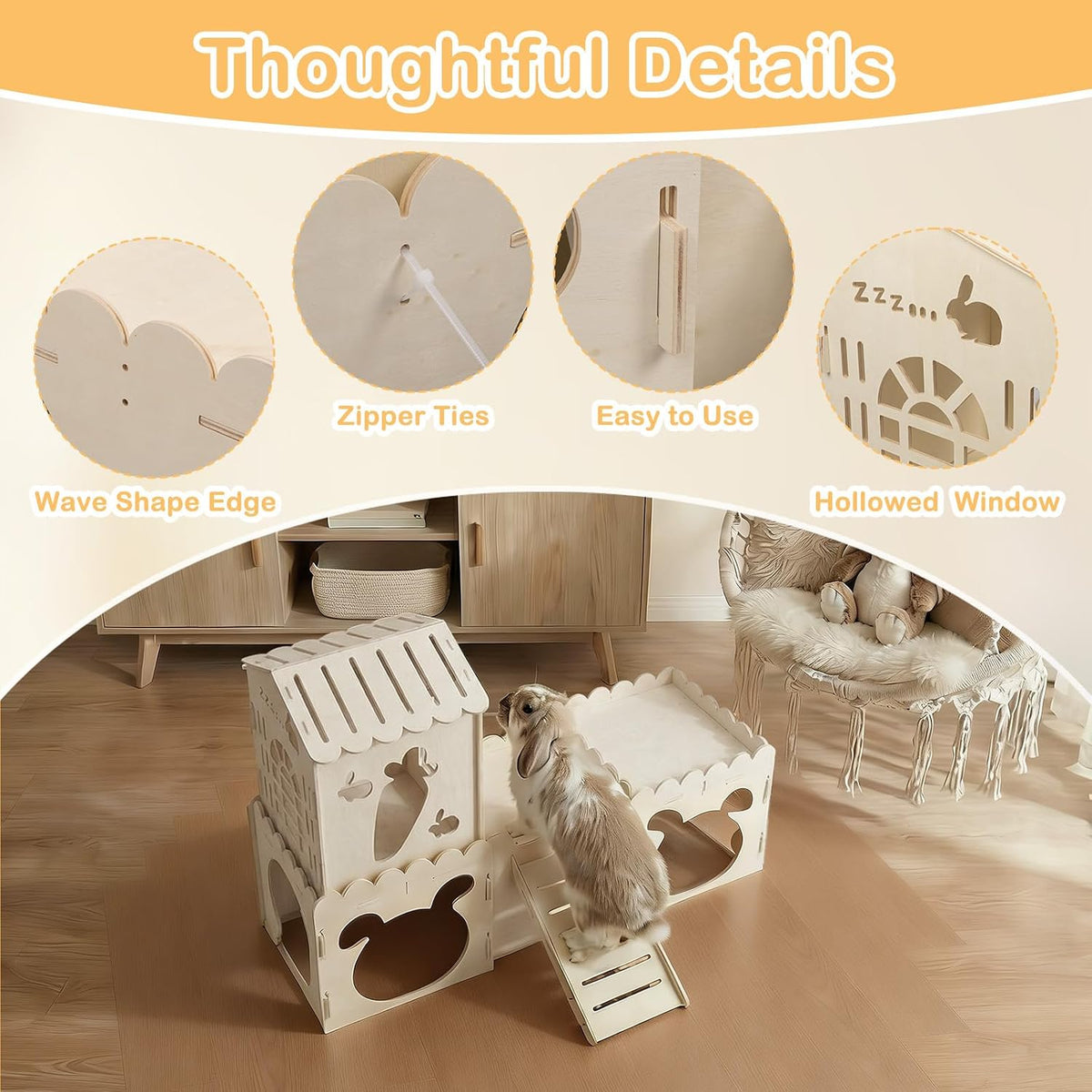Large Rabbit House, Wooden Bunny Castle with 3 Houses Indoor - 4 Houses with 2 mats - image 4
