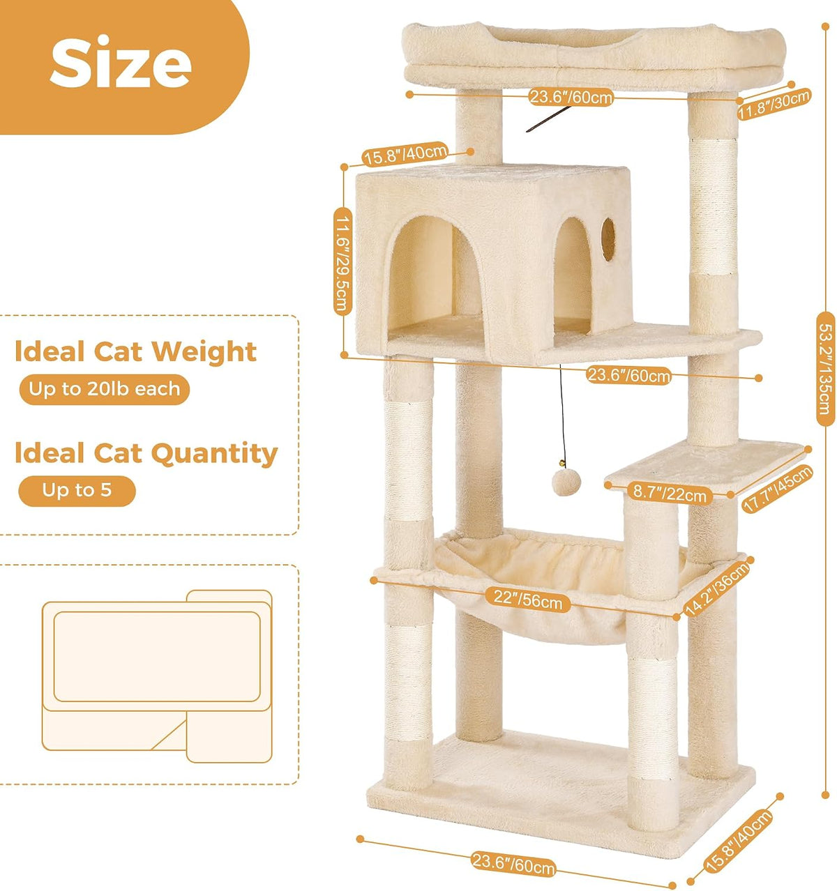 Cat Tree 32” Small Cat Tower with Large Hammock 16”& Self Groomer – Essentials for Cats - XLarge-53" / Beige - image 2