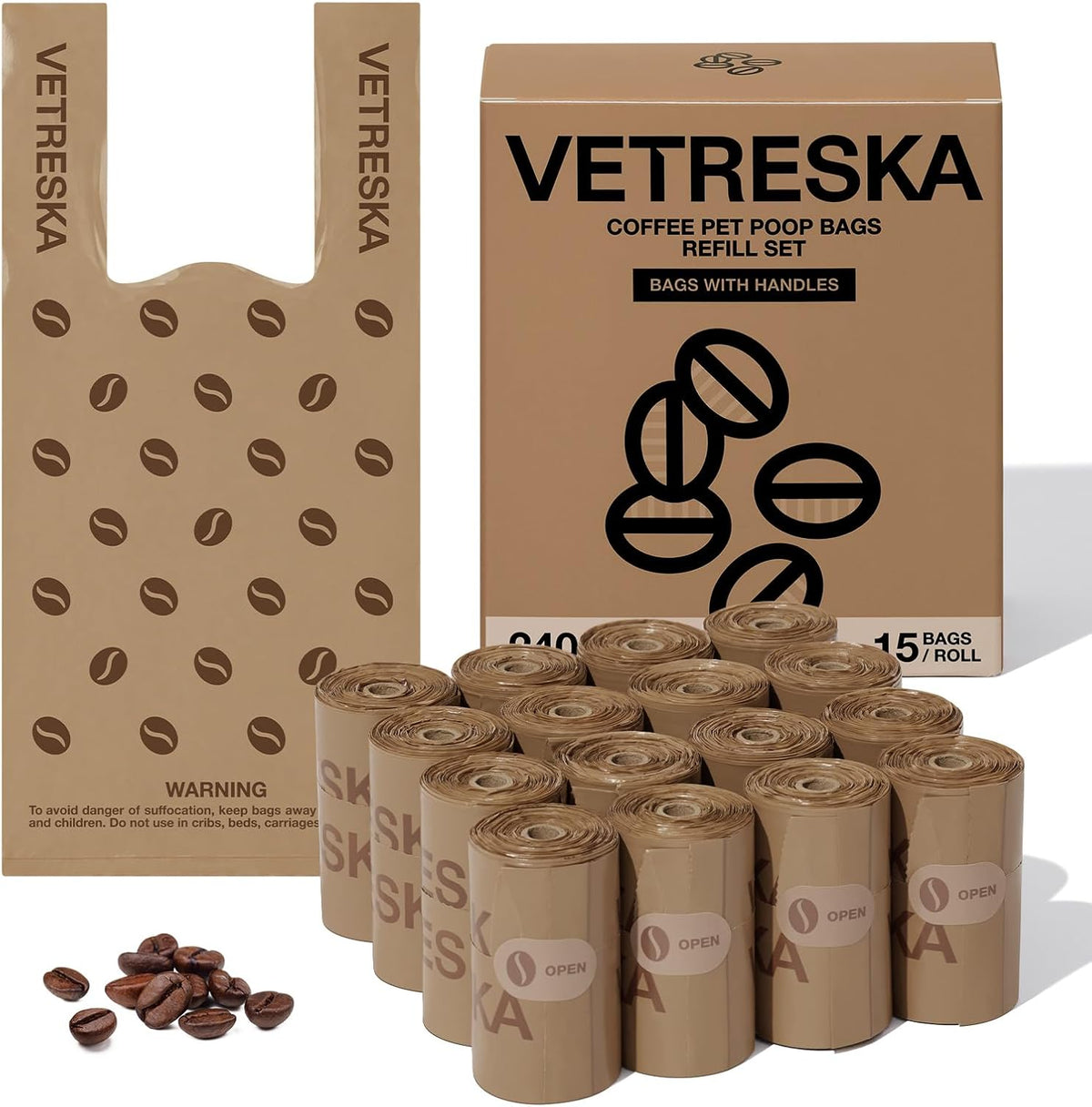 VETRESKA Dog Poop Bags with Handles 240 Count - Coffee / 1 Count (Pack of 240)
