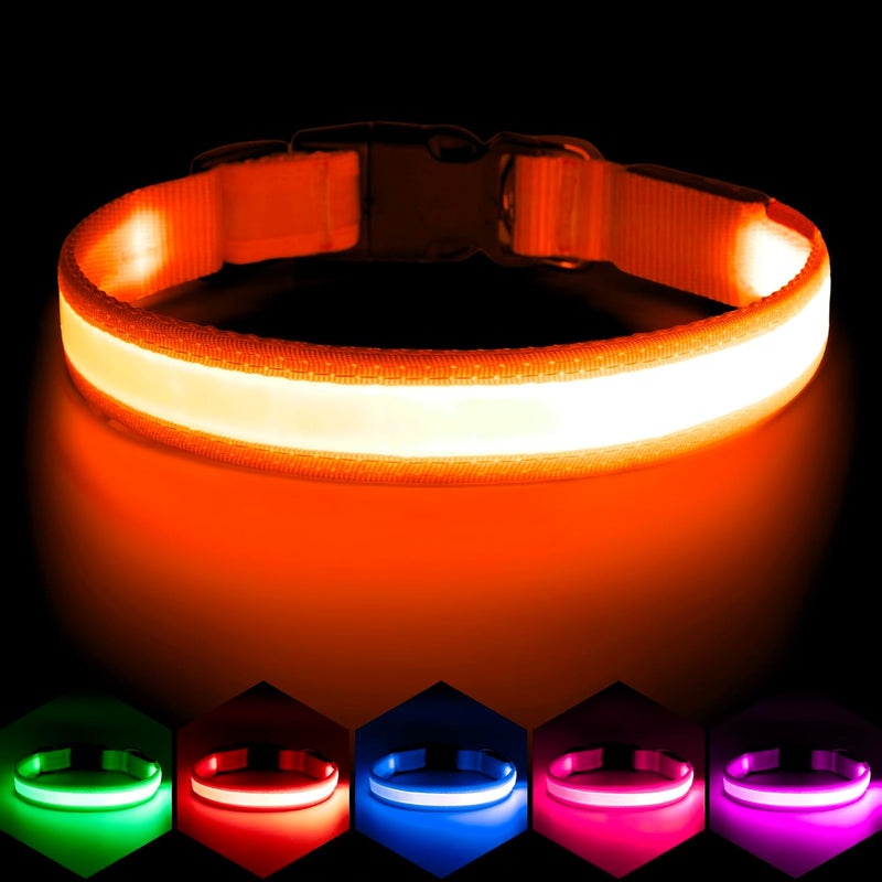 VIZPET LED Dog Collar, Light up Dog Collar Adjustable Safety Glow Collar,M – Essentials for Dogs - Orange / Large[18.89-23.62 inch]