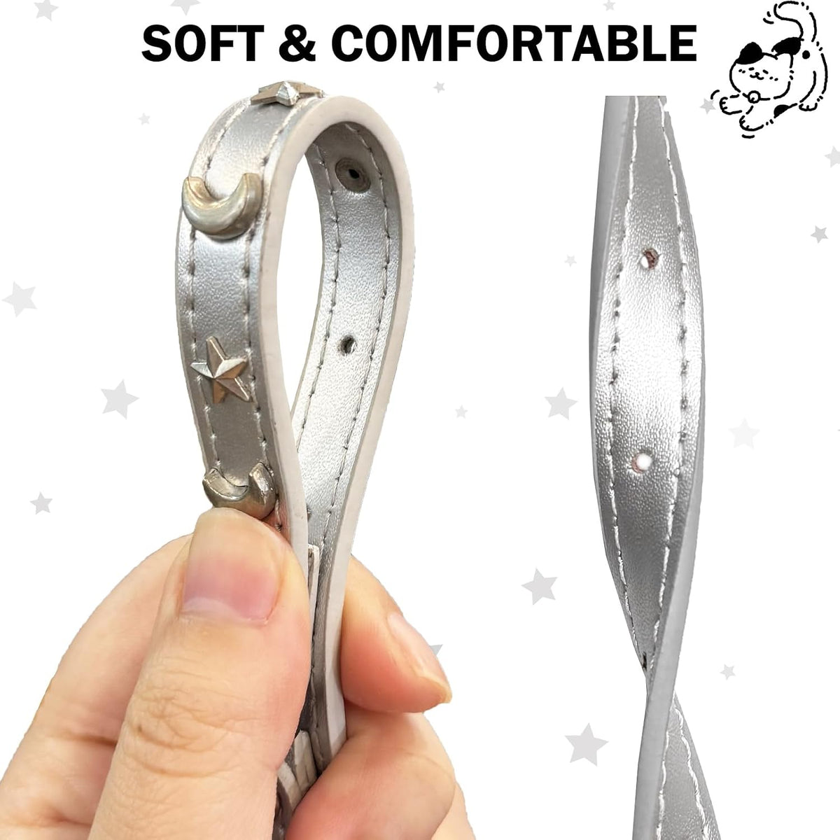 Leather Cat Collar, Breakaway Kitten Collars with Bell, Black – Essentials for Small Pets - Silver Grey_Star & Moon / 7"-9" For Cats(Pack of 1) - image 2