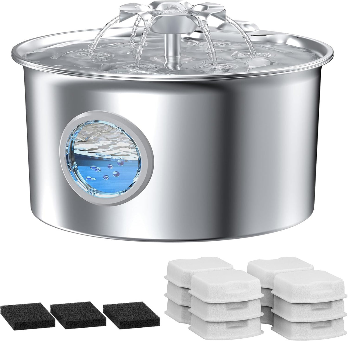 Stainless Steel Cat Water Fountain: 88oz/2.6L Pet Fountain - Fountain + 6 filter & 3 sponge