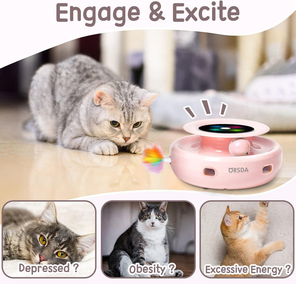 ORSDA 2in1 Interactive Toys for Indoor Cats, Timer Auto On/Off - Cherry Blossom Pink - image 4