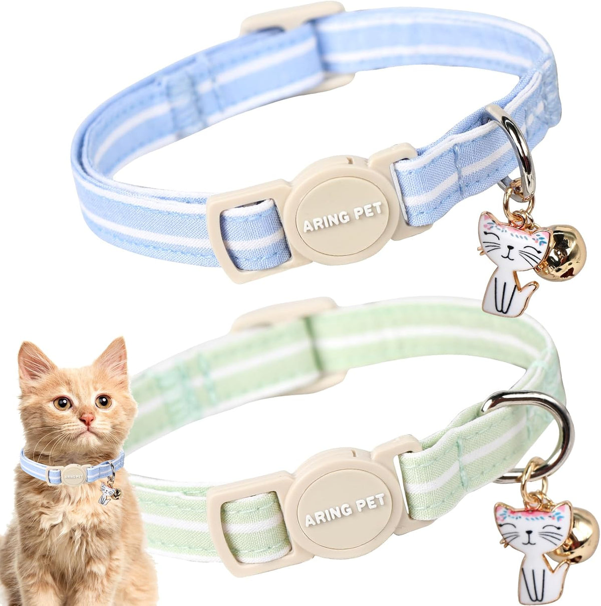 ARING PET 2 Pack Cat Collar-Cute Cotton Cat Collar Breakaway - Blue & Green Striped