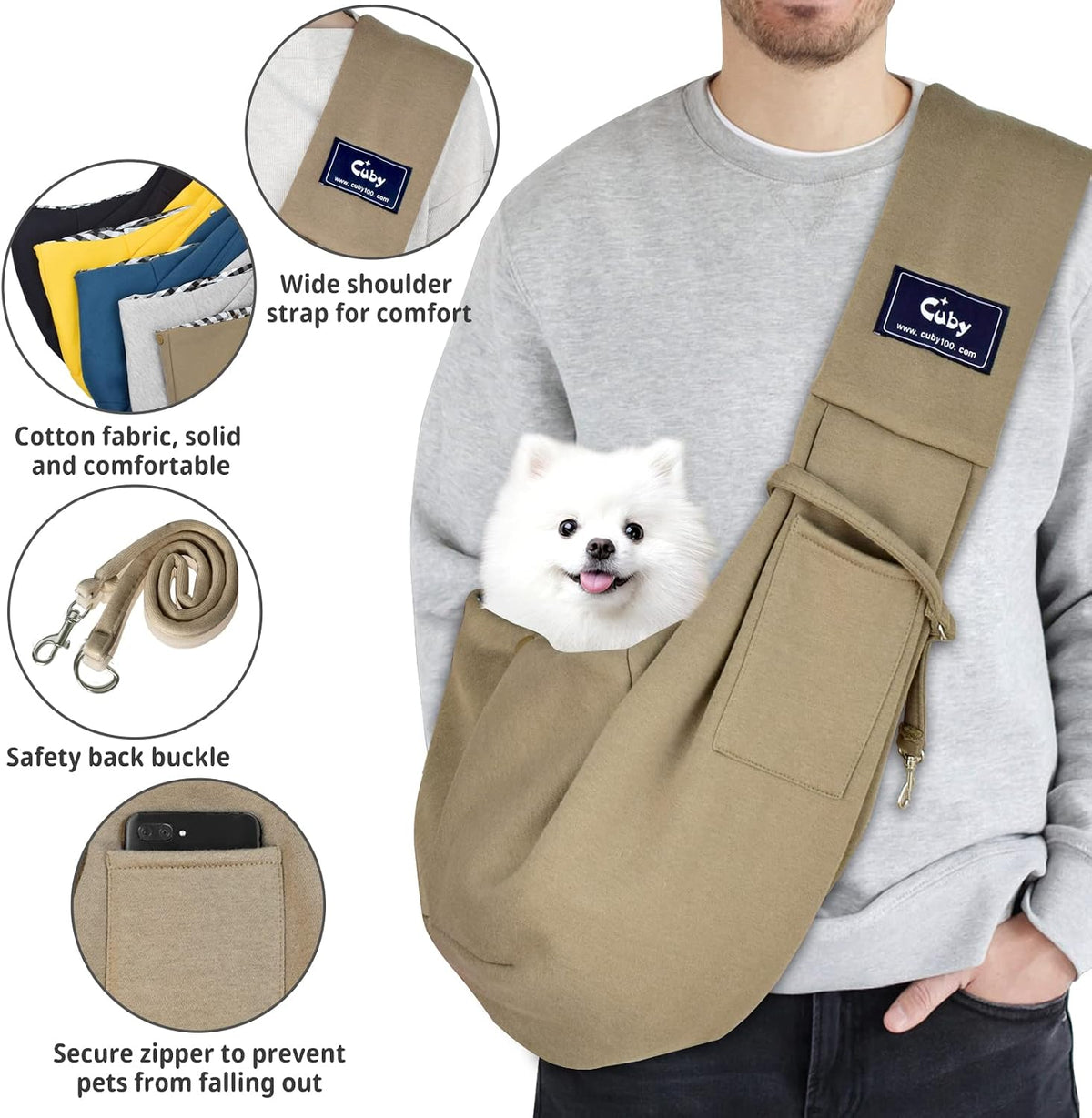 Dog and Cat Sling Carrier, Hands Free Reversible Pet Papoose Bag - Khaki - image 2