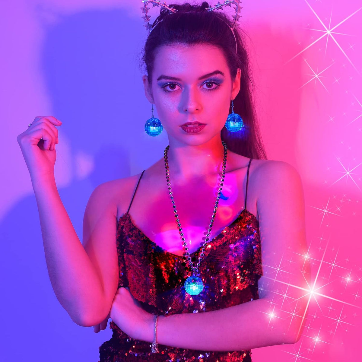 Henoyso 6 pack light up disco ball necklaces in silver with colorful LED lights - view 11