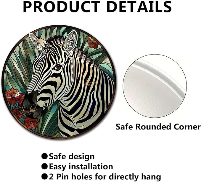 Lygond Metal Sign Tin Sign Circular Stained Glass Zebra Decor Outdoor for Garden 12×12 Inches