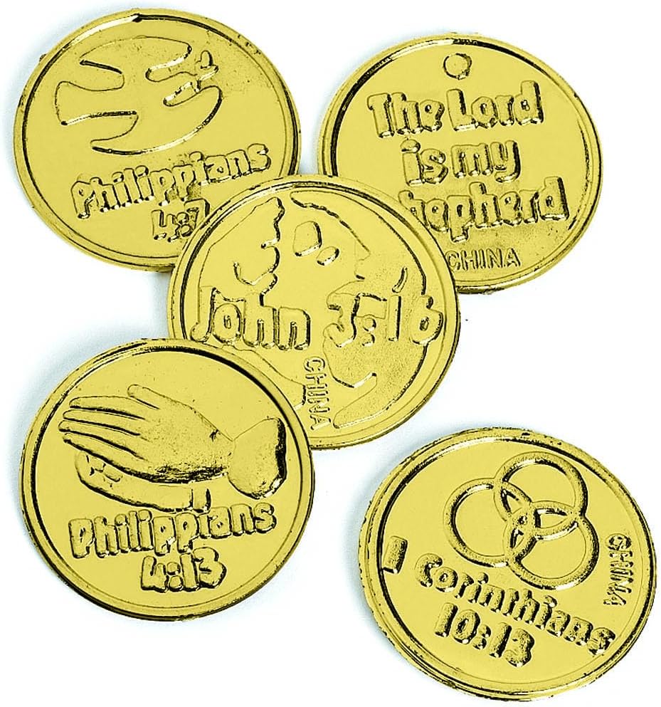 Fun Express goldtone plastic Bible verse coins, 144 pieces, 1 1/4 inch - view 2