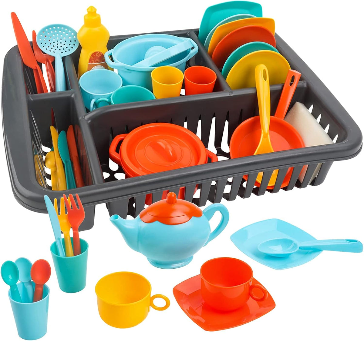 deAO 41-piece kids play dishes set with drainer, cups, plates, cutlery and pans - view 2